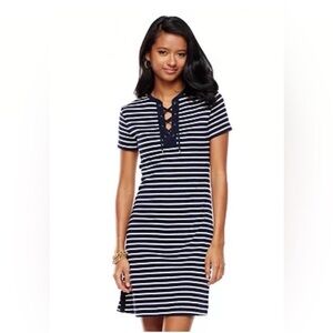 Chaps Petite sz M Navy White Striped 100% cotton pullover dress nautical